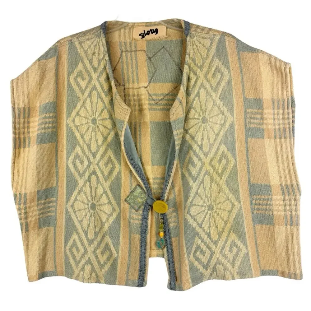 Vintage Artsy Lagenlook Patchwork Knit Single Button Poncho Wrap Shawl Yellow OS